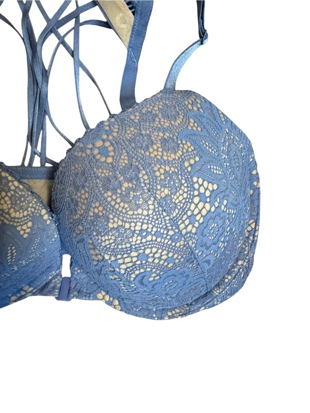 VICTORIA’S SECRET 34DD Very Sexy Push-Up Bra Front Close Strappy Back Blue Lace - Picture 15 of 17